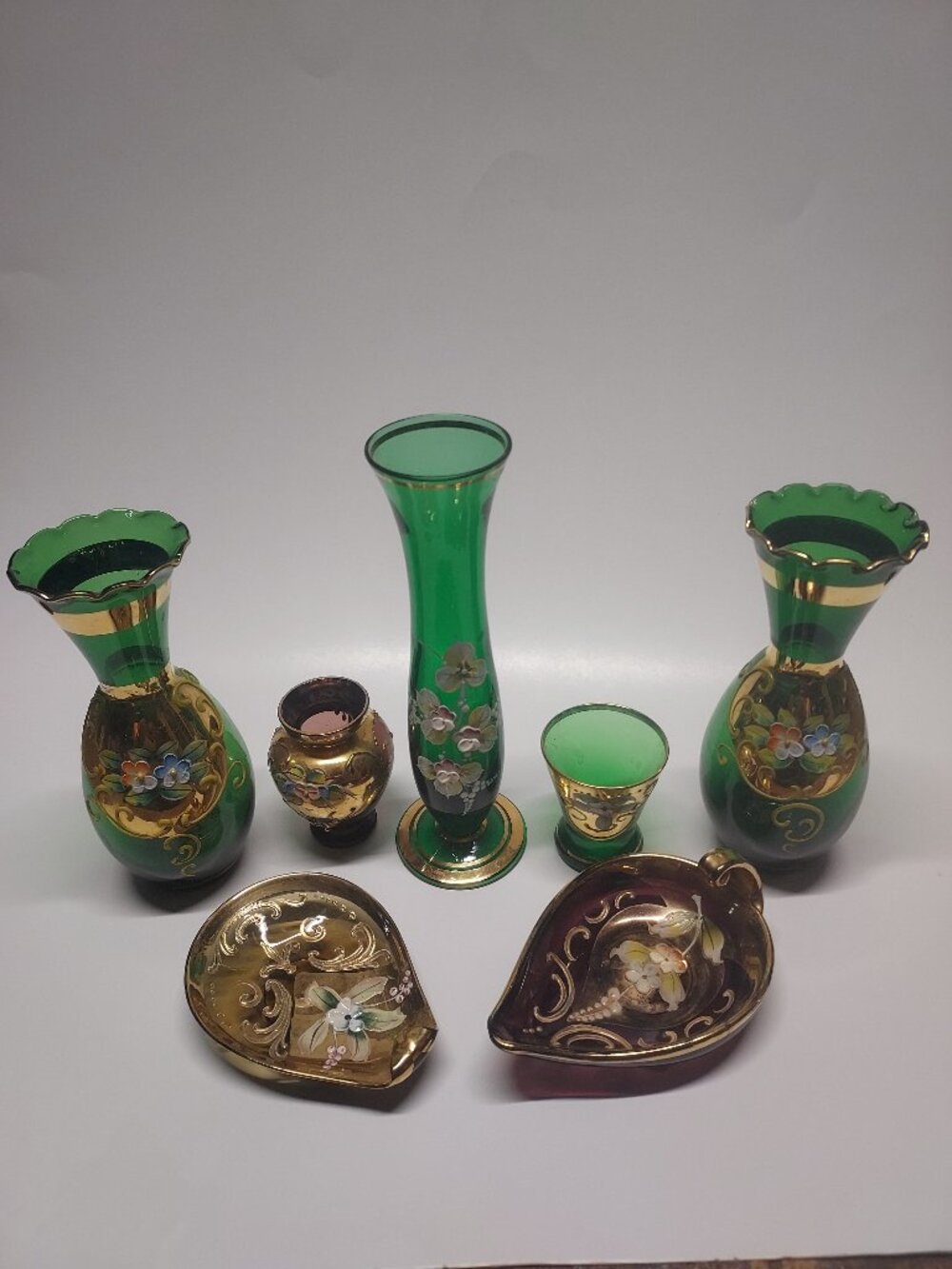 7pc Lot Bohemian Czech Emerald Green Gold Gilt Enamel Art Glass Vases